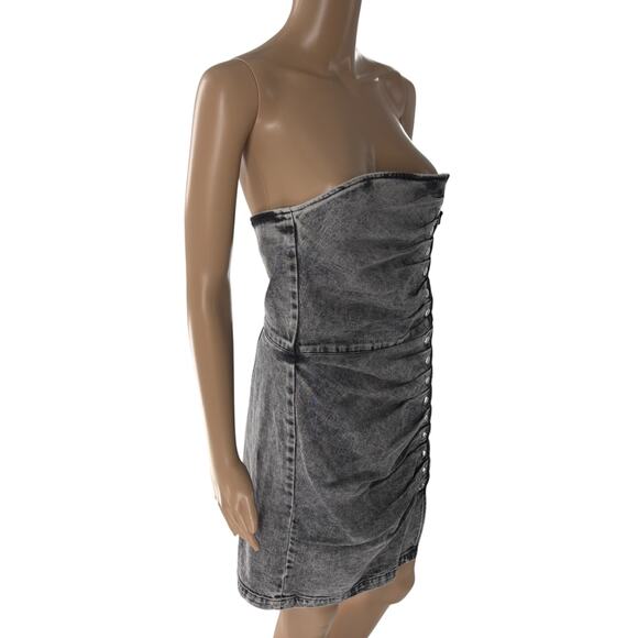 Retrofete Acid Gray Denim Chambray Jean Strapless Ruched Megh Dress - Picture 6 of 12